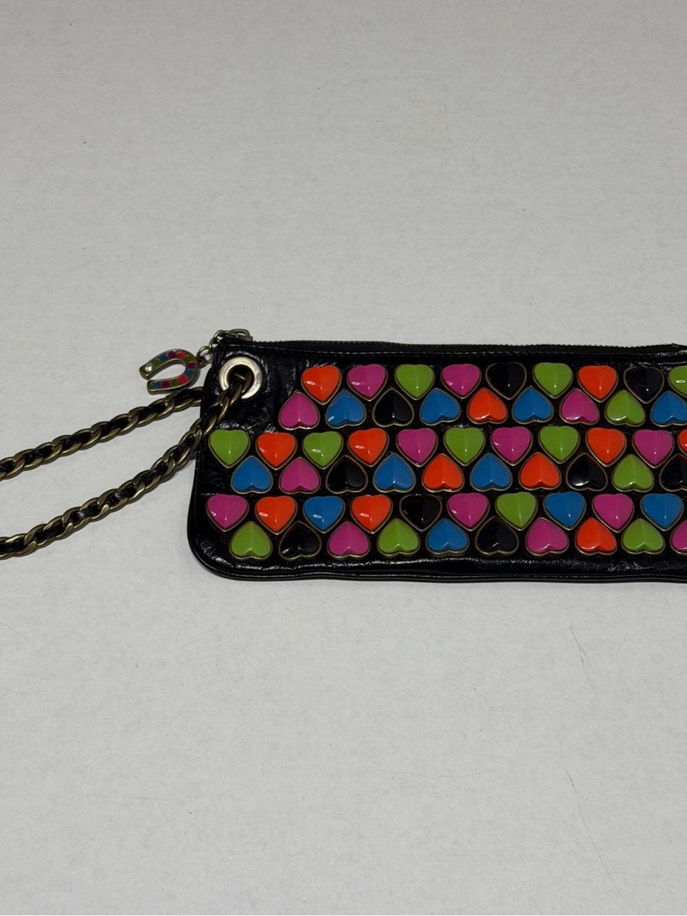 Betsey Johnson Black Wristlet Clutch with Multicolor Heart Studs
